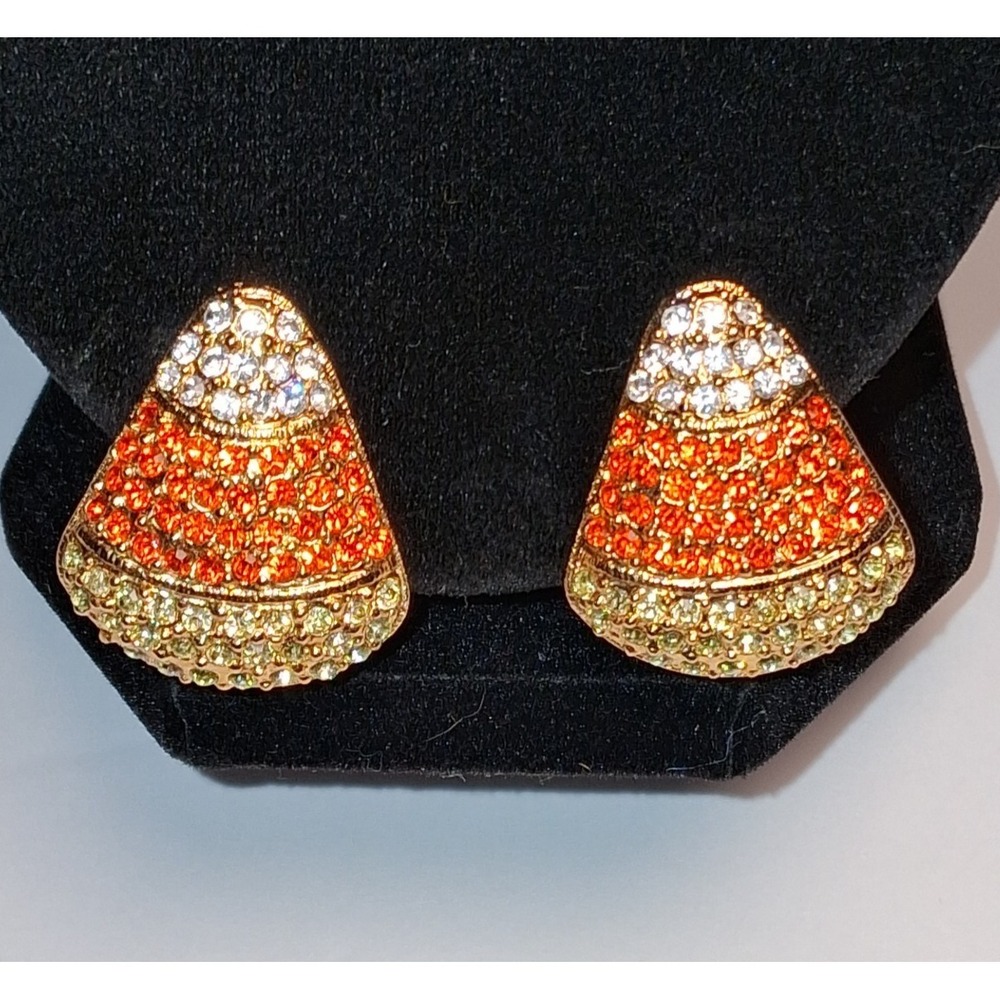 Festive Halloween Candy Corn Earrings, Crystal Encrusted Clip-Ons, Fall Jewelry